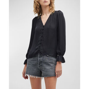 NWT Joie Bolona Poet-Sleeve Button-Front Silk Blouse Black - Size XS
